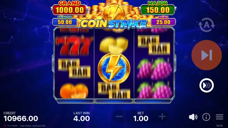 Coin Strike gameplay at spin 413 - credit 10,966.00, last win 4.00, Bonus Strike on reel 2
