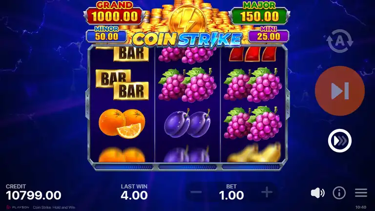 Coin Strike gameplay at spin 823 - credit 10,799.00, last win 4.00, BAR and grape symbols showing