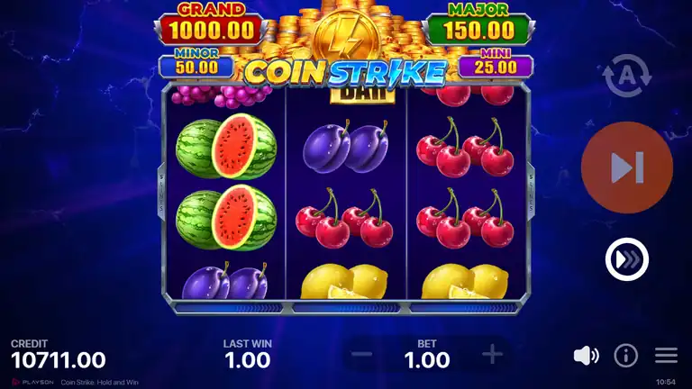 Coin Strike gameplay at spin 1229 - credit 10,711.00, last win 1.00, watermelon symbols showing