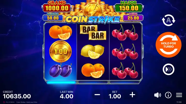 Coin Strike gameplay at session end spin 1623 - credit 10,635.00, hold for turbo button visible