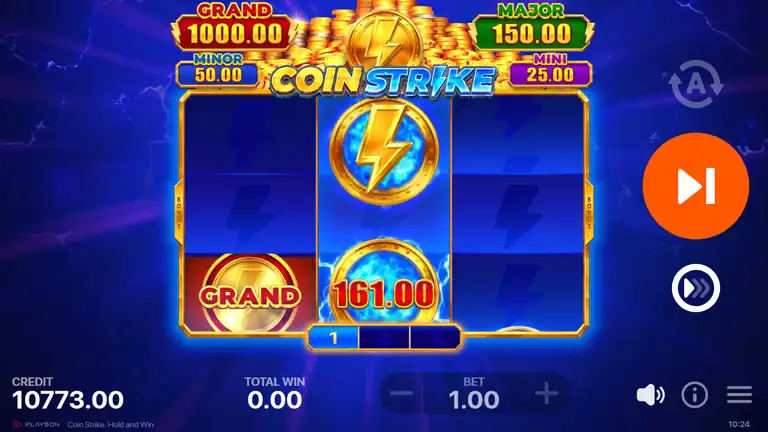 Coin Strike HOLD AND WIN active on spin 389 - a GRAND jackpot coin on reel 1 that did not lock and a 161x value on the centre reel with the Bonus Strike, respin counter at 1, credit 10,773.00