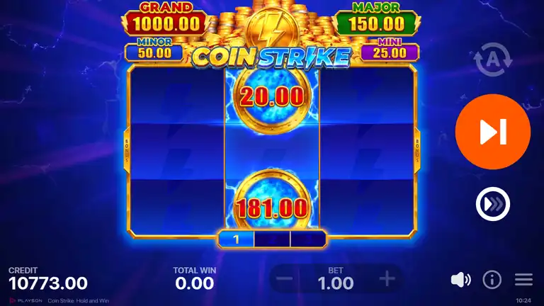 Coin Strike HOLD AND WIN result - 20x and 181x coins locked, total 201x, credit 10,773.00 at bet 1.00