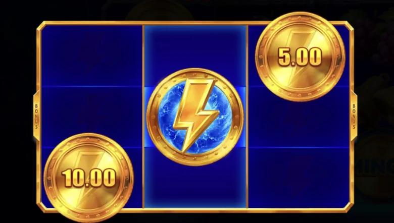 Coin Strike Bonus Game locked board - Bonus coins 10x and 5x on reels 1 and 3, Strike Bonus on reel 2