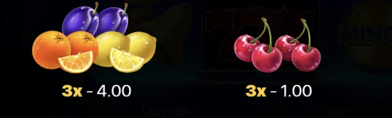 Coin Strike in-game paytable low symbols - Plum, Orange and Lemon 4x, Cherry 1x for three of a kind